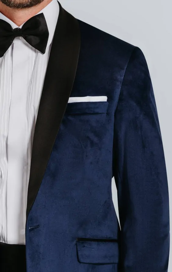 blue velvet dress jacket Marc Darcy - SIMON - Velvet Navy Tux Lapel Jacquard Blazer