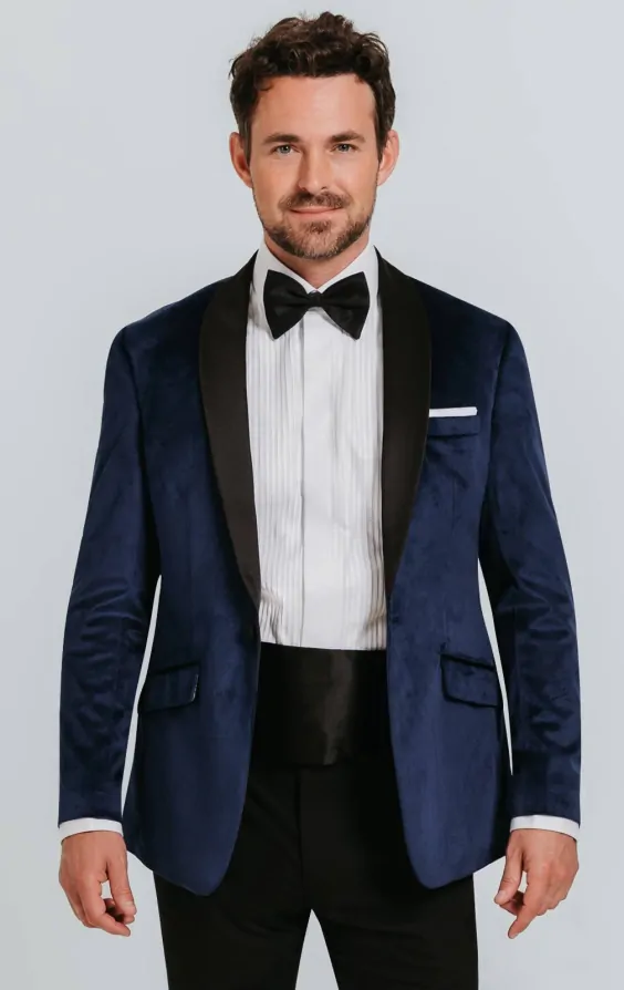 Navy Blue Slim Fit Velvet Jacket