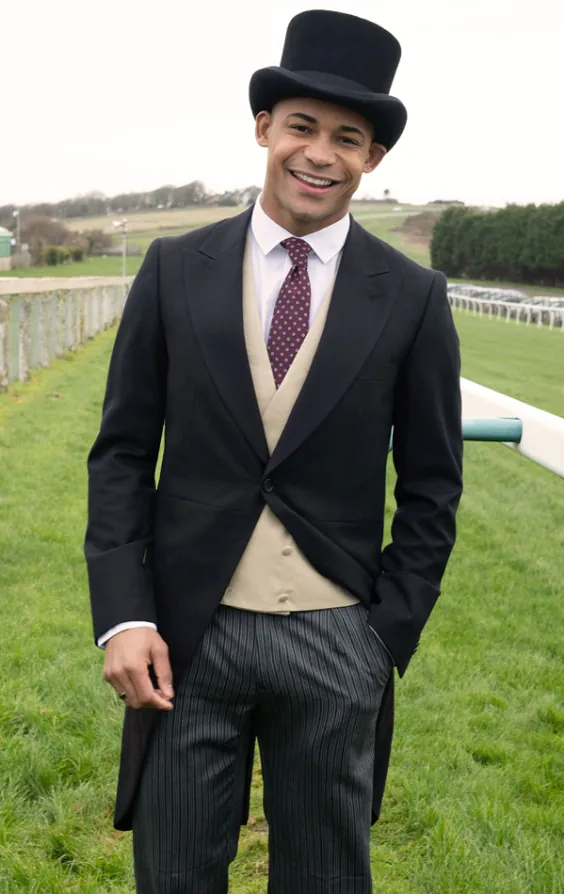 Black Wool Herringbone Morning Suit with Striped Pants