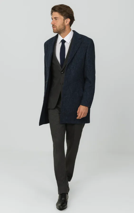 Harris Tweed of Scotland Blue Herringbone Tweed Overcoat | Dobell