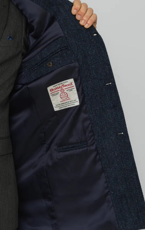 Harris Tweed of Scotland Blue Herringbone Tweed Overcoat | Dobell