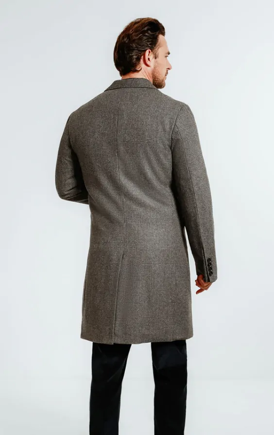 Grey Prince of Wales Check Tweed Overcoat | Dobell
