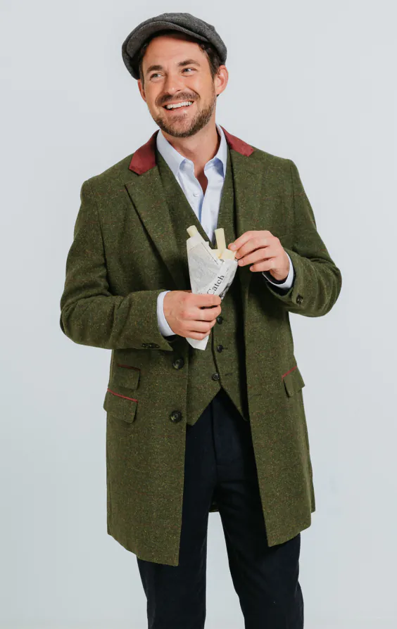 Dobell Green Windowpane Check Tweed Overcoat with Velvet Trims
