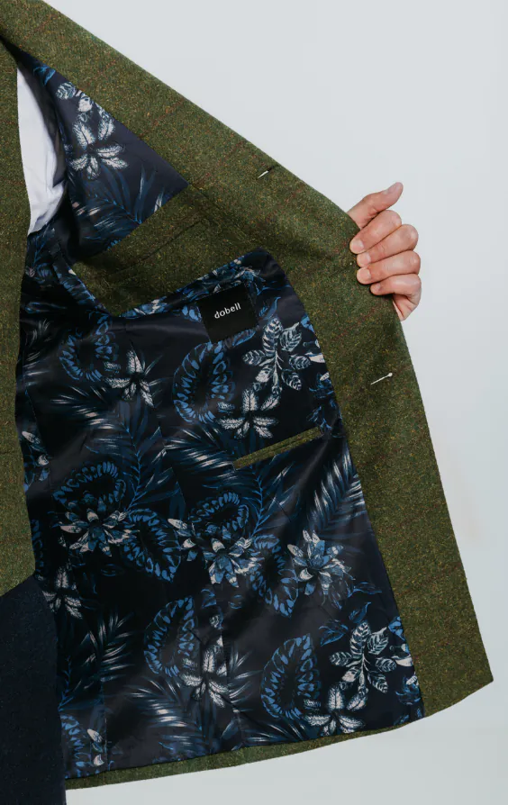 Dobell Green Windowpane Check Tweed Overcoat with Velvet Trims