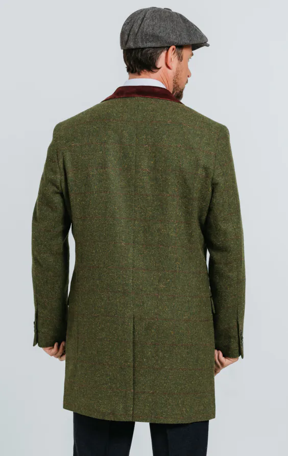 Dobell Green Windowpane Check Tweed Overcoat with Velvet Trims