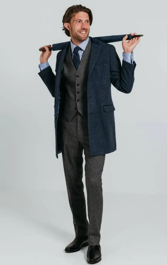Navy Herringbone Overcoat with Velvet Trim | Dobell