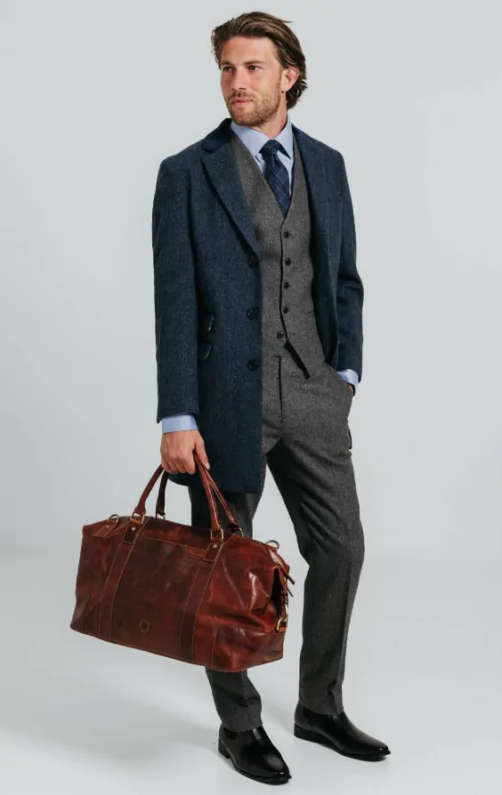 Navy Herringbone Overcoat with Velvet Trim | Dobell