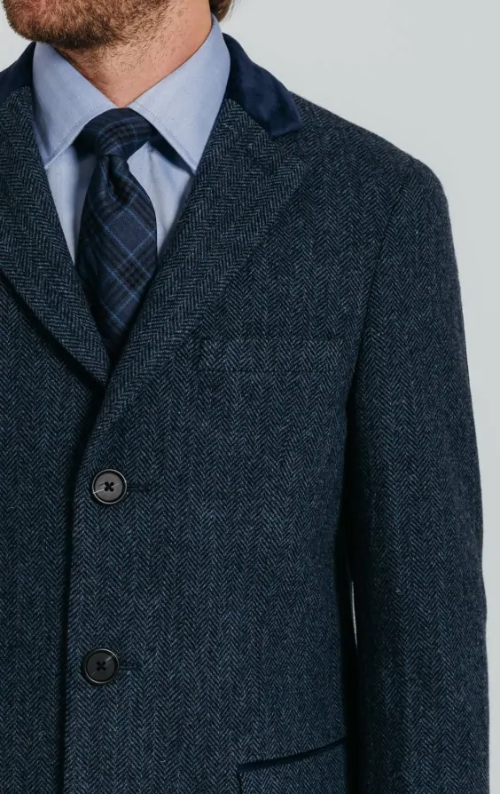 Navy Herringbone Overcoat with Velvet Trim | Dobell