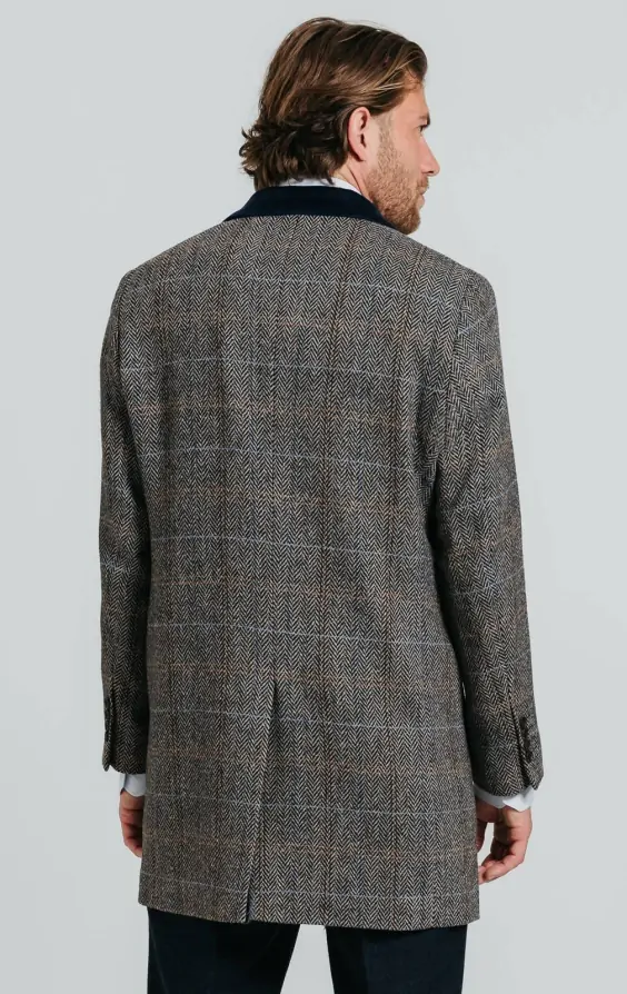 Grey and Blue Check Tweed Wool Blend Overcoat with Velvet Trim