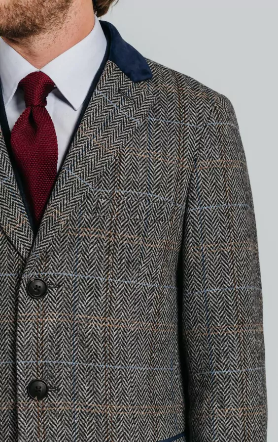 Grey and Blue Check Tweed Wool Blend Overcoat with Velvet Trim