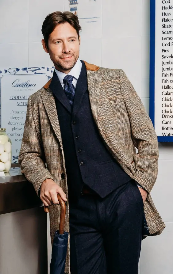 Brown and Blue Check Tweed Wool Blend Overcoat with Velvet Trim