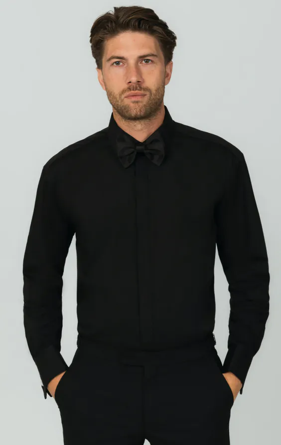 Laydown Collar, Plain Front Black Tuxedo Shirt by Dobell Laydown Collar, Plain Front Black Tuxedo Shirt by Dobell