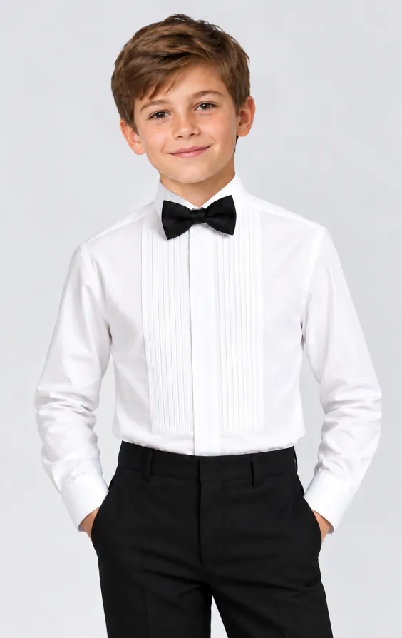 Boys Laydown Collar Pleated Front Tuxedo Shirt Boys Laydown Collar Pleated Front Tuxedo Shirt