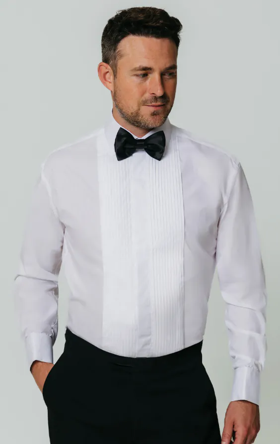 White Slim Fit Pleated Front Tuxedo Shirt with Laydown Collar White Slim Fit Pleated Front Tuxedo Shirt with Laydown Collar