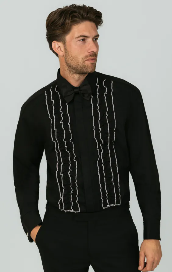 Dobell Black Tuxedo Shirt with White Tipped Ruffle Front | Dobell