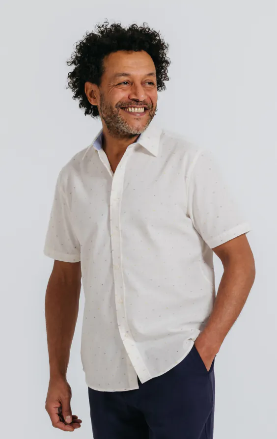 White Short Sleeve Shirt with Colored Weave White Short Sleeve Shirt with Colored Weave