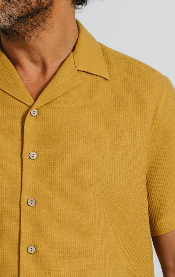 short sleeve mustard dress shirt Mustard Waffle Cuban Collar Short Sleeve Cotton Shirt