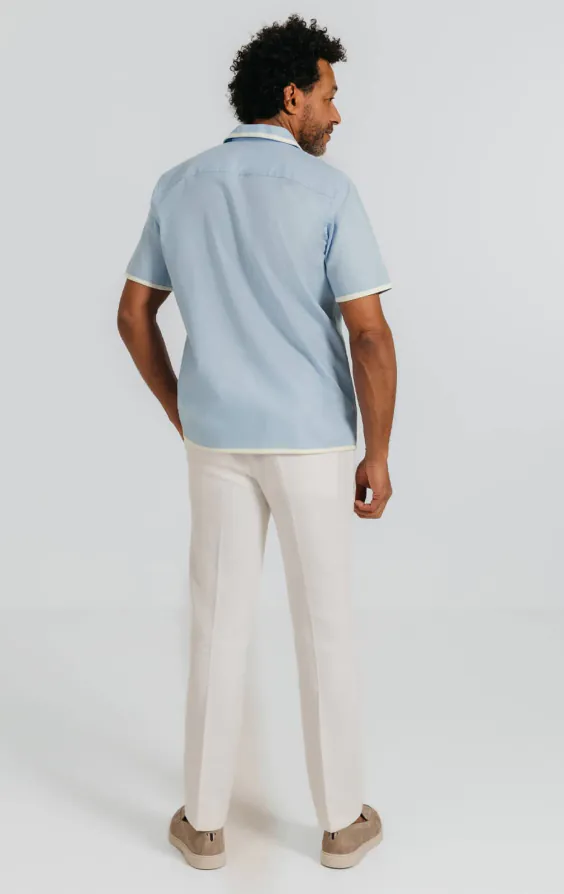 Light Blue Linen Cuban Collar Shirt with Contrast Tipping - photo 3 Light Blue Linen Cuban Collar Shirt with Contrast Tipping - photo 3