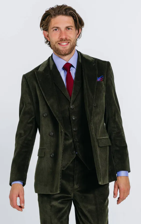 Double Breasted Green Corduroy 3 Piece Suit