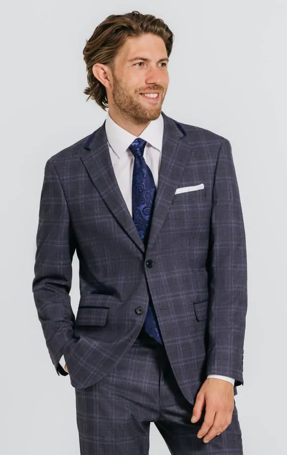 Gray and Blue Check with Navy Trim Suit | Dobell Gray and Blue Check with Navy Trim Suit | Dobell