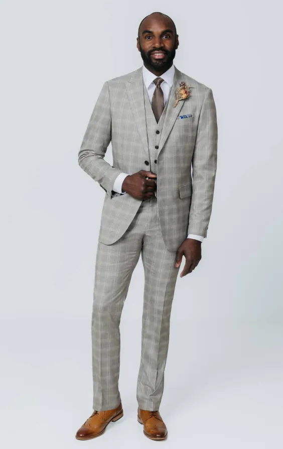 Taupe Check 3 Piece Suit with Peak Lapel - photo 1