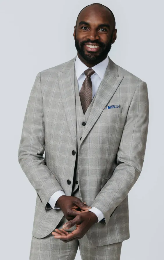 Taupe Check 3 Piece Suit with Peak Lapel