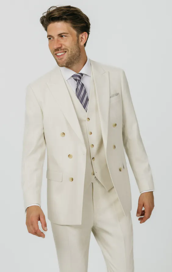 Winter White Twill Double Breasted 3 Piece Suit with Peak Lapel