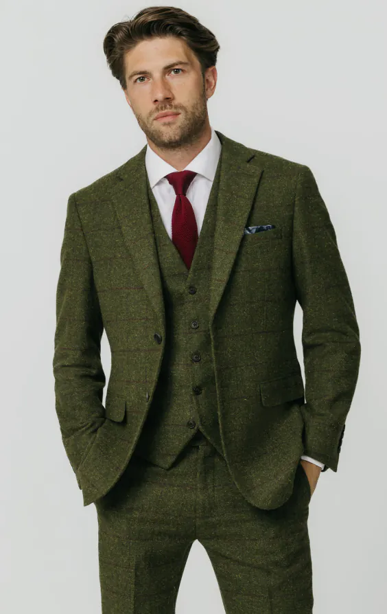 Green Windowpane Check Tweed 3 Piece Suit