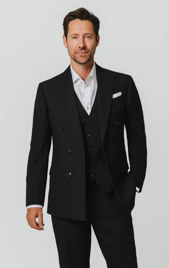 Black Double Breasted 3 Piece Suit with Peak Lapel Black Double Breasted 3 Piece Suit with Peak Lapel