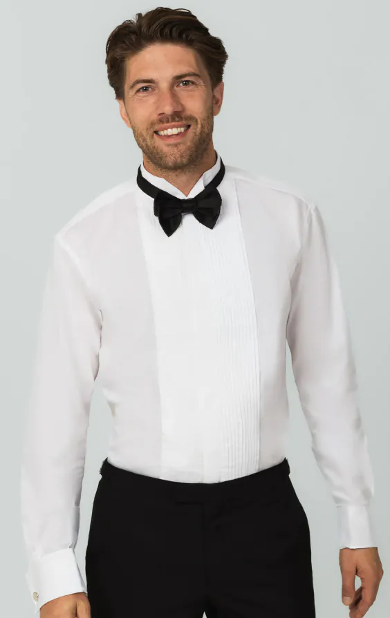 100% Cotton, Wing Collar, Pleated Front, Slim Fit Tuxedo Shirt by Dobell 100% Cotton, Wing Collar, Pleated Front, Slim Fit Tuxedo Shirt by Dobell