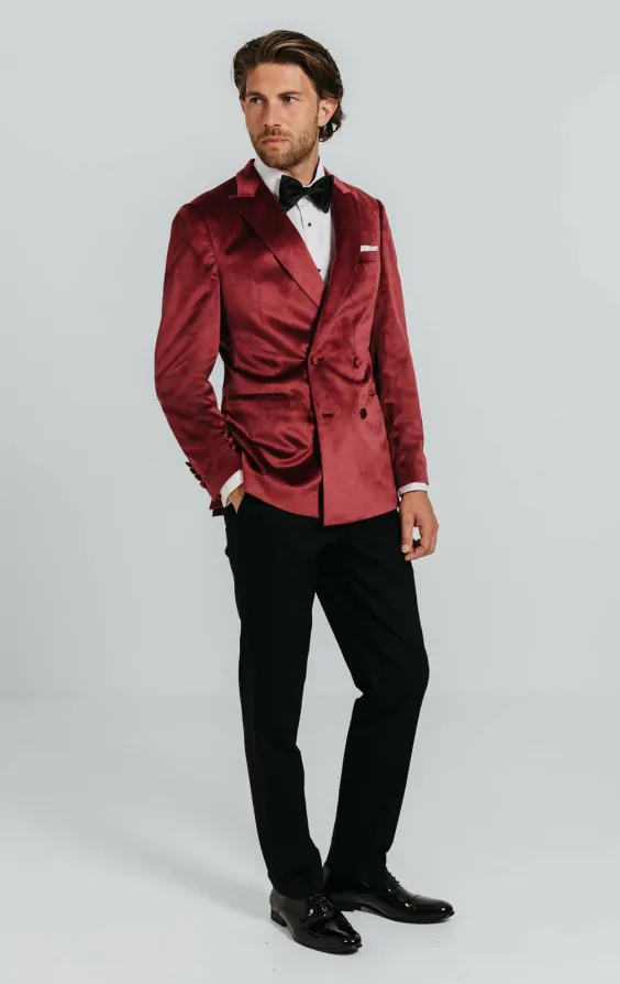 Double Breasted Burgundy Velvet Tuxedo with Black Pants