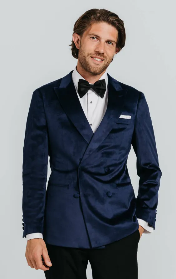 Double Breasted Navy Velvet Tuxedo with Black Pants