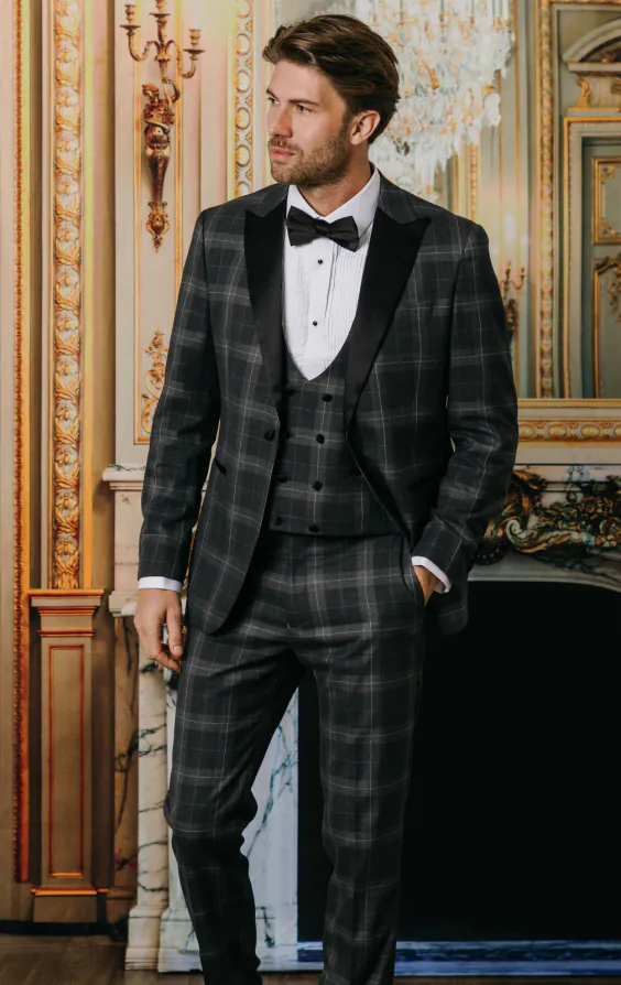 Gray Tartan Check 3 Piece Tuxedo with Peak Lapel - photo 1
