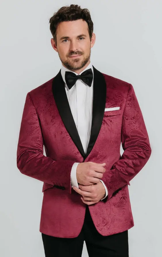 Dobell Burgundy Paisley Velvet Tuxedo with Black Pants Dobell