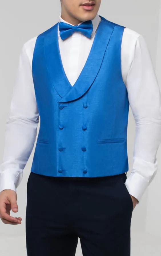Royal Blue Dupion Double Breasted Vest with Shawl Lapel - photo 1
