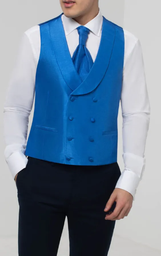 Royal Blue Dupion Double Breasted Vest with Shawl Lapel - photo 2