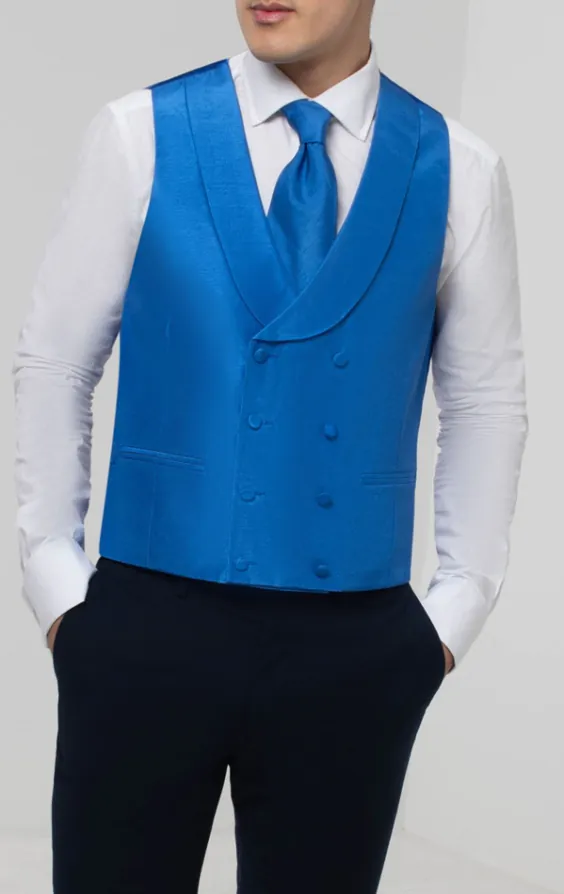 Royal Blue Dupion Double Breasted Vest with Shawl Lapel