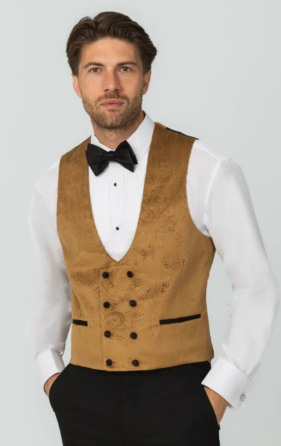 Dobell Gold Paisley Velvet Double Breasted Tuxedo Vest Dobell