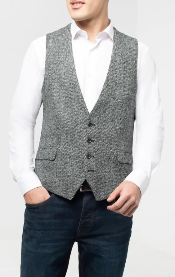 Harris Tweed Grey Herringbone Low Cut Vest | Dobell