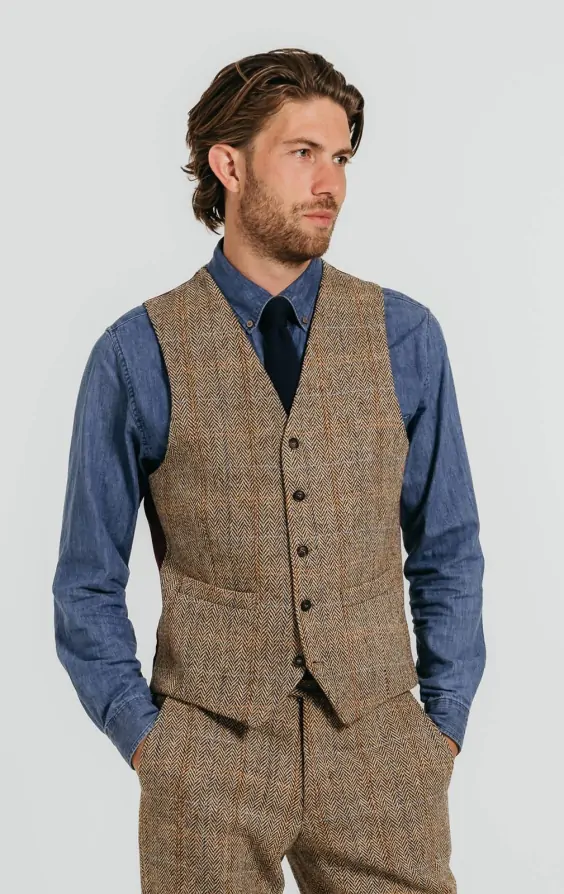 Harris Tweed Brown Windowpane Tweed Vest | Dobell