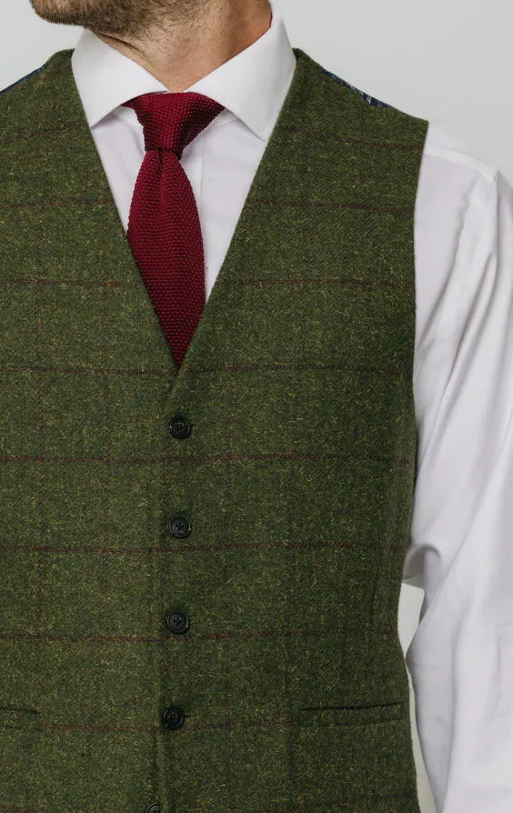 Dobell Green Windowpane Check Tweed Vest | Dobell