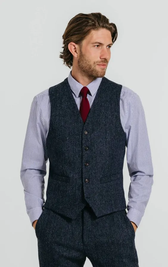 Harris Tweed Blue & Black Herringbone Vest | Dobell