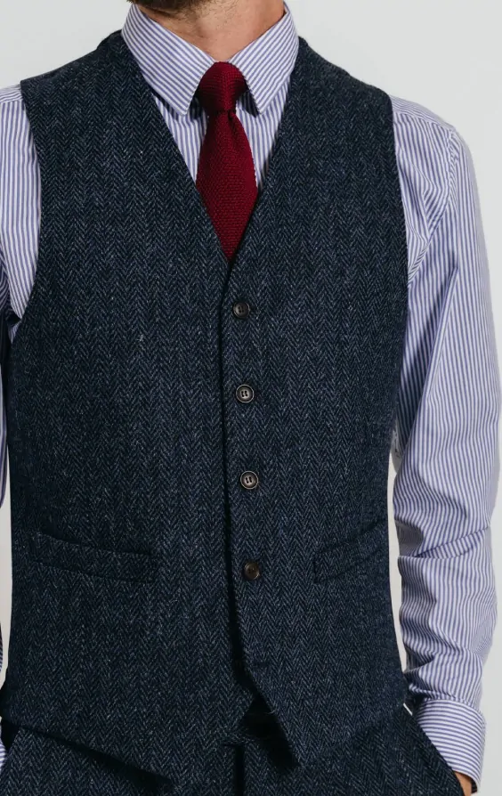Harris Tweed of Scotland Blue & Black Herringbone Vest | Dobell