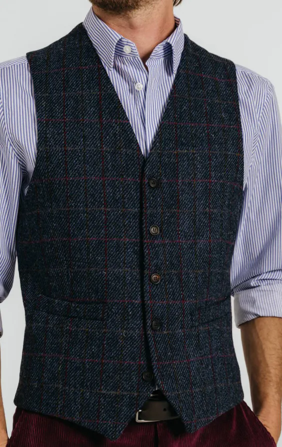 Roberto London Men's Blue & Brown Check Slim Fit Tweed Waistcoat - All Sizes, Single-Breasted