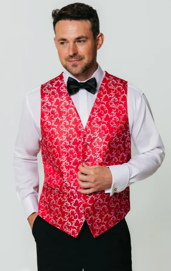 Red/Silver Edwardian Swirl Jacquard Vest Red/Silver Edwardian Swirl Jacquard Vest