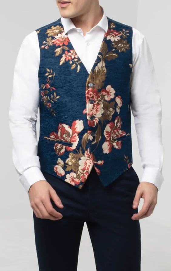 専用商品‼️Floral Jacquard Rounded Down Vest Blue Floral Brocade Vest | Dobell