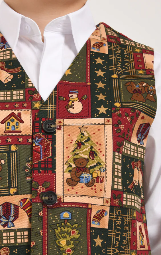 Boys Green Vintage Christmas Print Vest - photo 1
