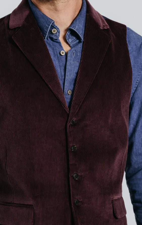 Burgundy Corduroy Vest with Notch Lapel | Dobell