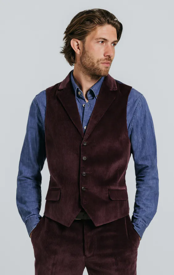Burgundy Corduroy Vest with Notch Lapel