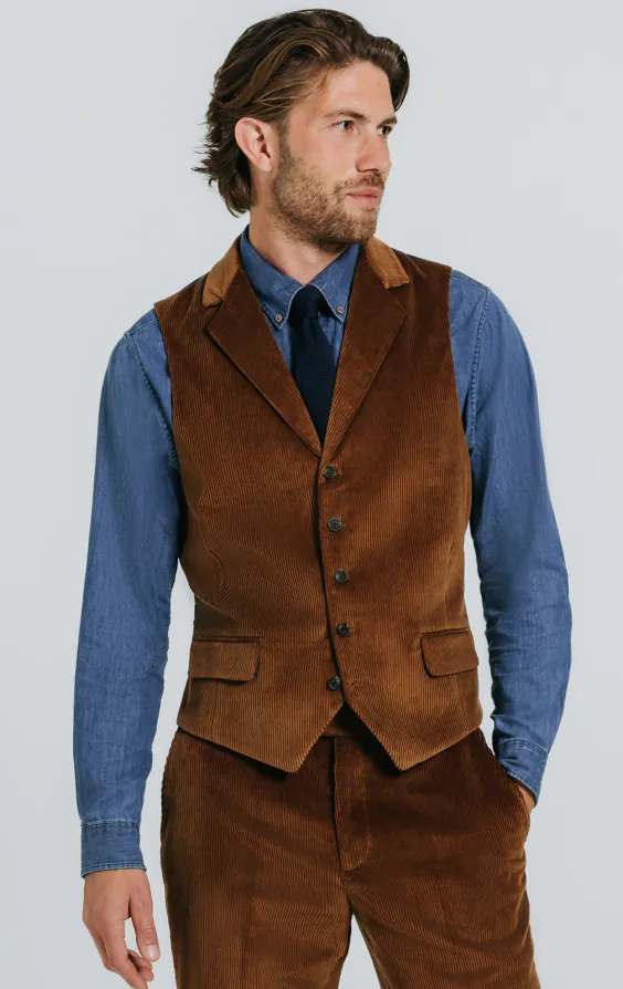 Mid Brown Corduroy Vest with Notch Lapel | Dobell Mid Brown Corduroy Vest with Notch Lapel | Dobell